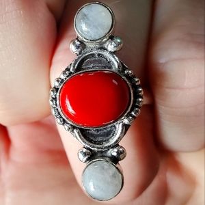 New Red Coral & Rainbow Moonstone 925 Silver Ring.